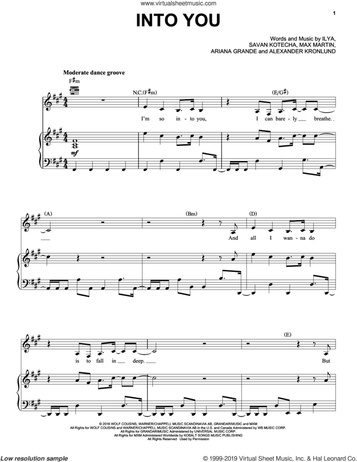 Into You sheet music for voice, piano or guitar by Ariana Grande, Alexander Kronlund, Ilya, Max Martin and Savan Kotecha, intermediate skill level