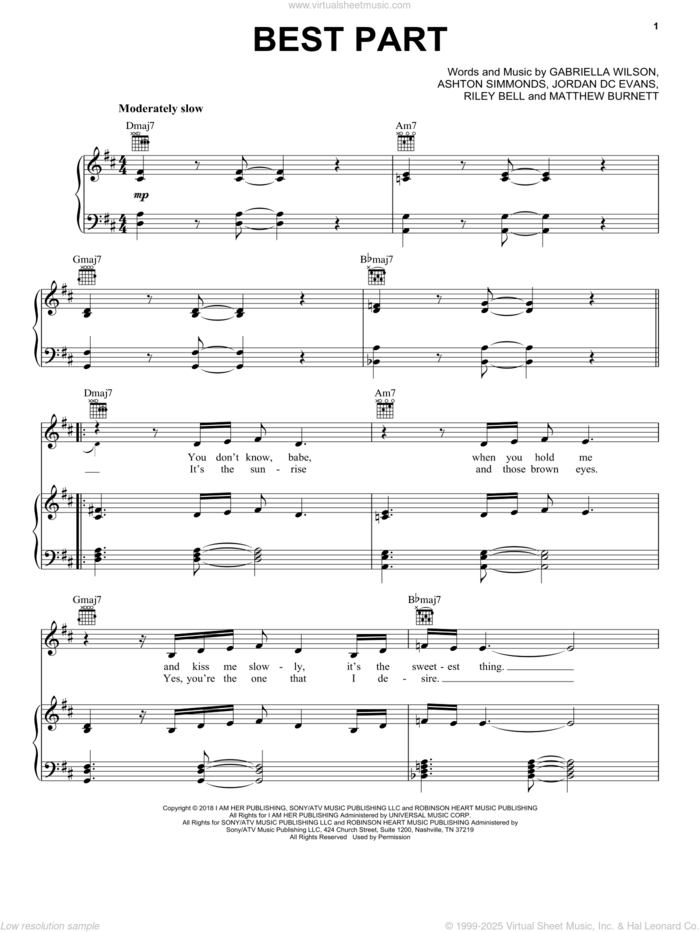 Best Part (feat. Daniel Caesar) sheet music for voice, piano or guitar by H.E.R., Ashton Simmonds, Gabriella Wilson, Jordan DC Evans, Matthew Burnett and Riley Bell, intermediate skill level