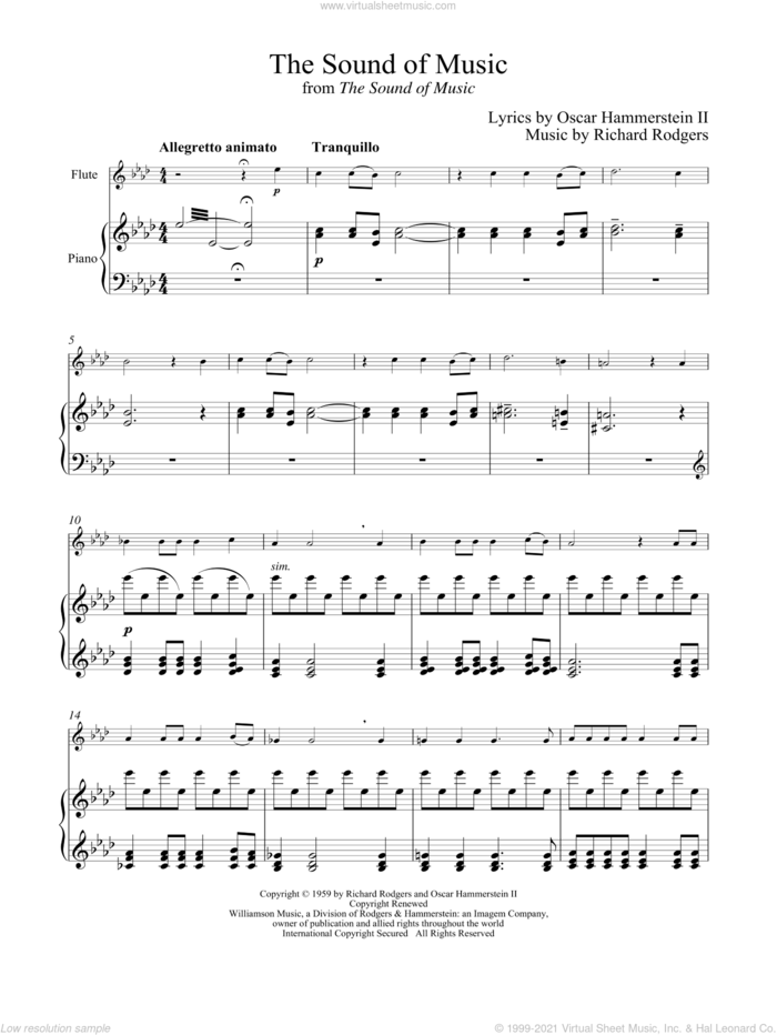 The Sound Of Music sheet music for flute and piano by Rodgers & Hammerstein, Oscar II Hammerstein and Richard Rodgers, intermediate skill level