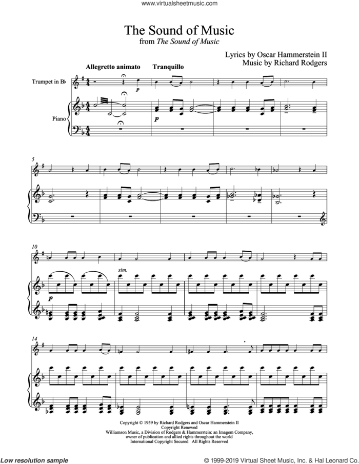 The Sound Of Music sheet music for trumpet and piano by Rodgers & Hammerstein, Oscar II Hammerstein and Richard Rodgers, intermediate skill level