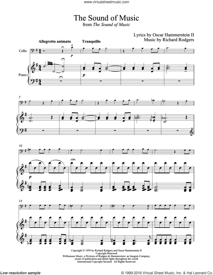 The Sound Of Music sheet music for cello and piano by Rodgers & Hammerstein, Oscar II Hammerstein and Richard Rodgers, intermediate skill level