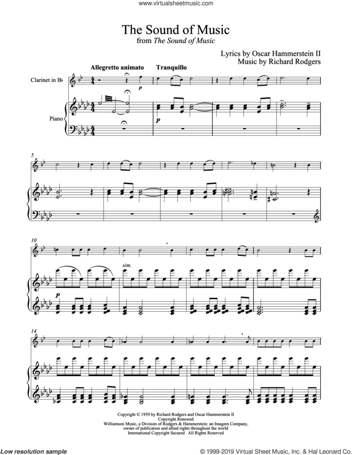 The Sound Of Music sheet music for clarinet and piano by Rodgers & Hammerstein, Oscar II Hammerstein and Richard Rodgers, intermediate skill level