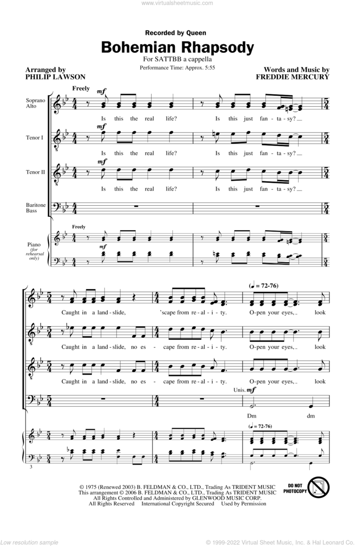 Bohemian Rhapsody (arr. Philip Lawson) sheet music for choir (SATTBB) by Queen, Philip Lawson and Freddie Mercury, intermediate skill level