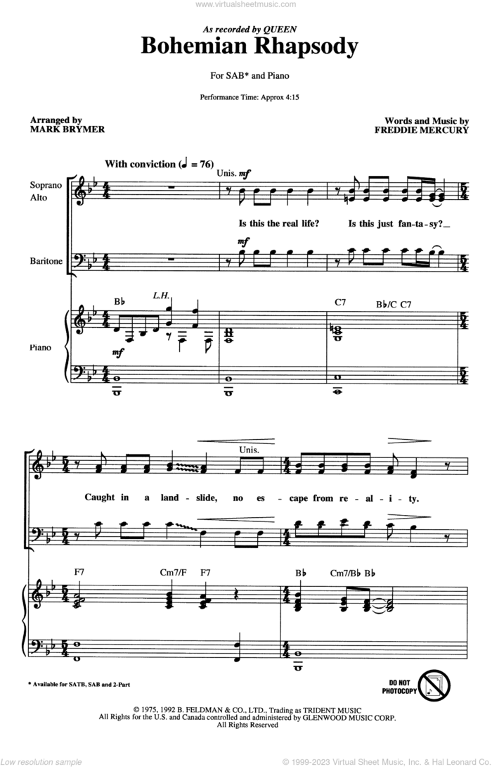 Bohemian Rhapsody (arr. Mark Brymer) sheet music for choir (SAB: soprano, alto, bass) by Queen, Mark Brymer and Freddie Mercury, intermediate skill level
