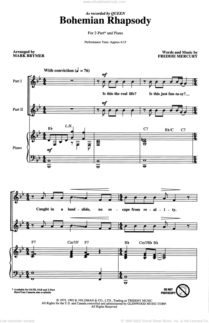 Bohemian Rhapsody (arr. Mark Brymer) sheet music for choir (2-Part) by Queen, Mark Brymer and Freddie Mercury, intermediate duet