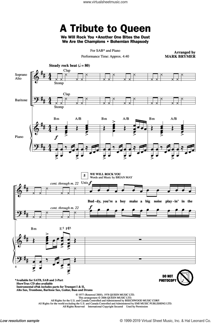 A Tribute To Queen (Medley) (arr. Mark Brymer) sheet music for choir (SAB: soprano, alto, bass) by Queen, Mark Brymer and John Deacon, intermediate skill level
