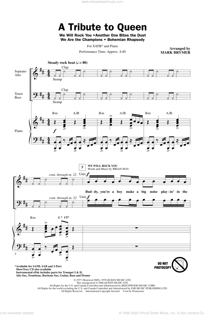 A Tribute To Queen (Medley) (arr. Mark Brymer) sheet music for choir (SATB: soprano, alto, tenor, bass) by Queen, Mark Brymer and John Deacon, intermediate skill level