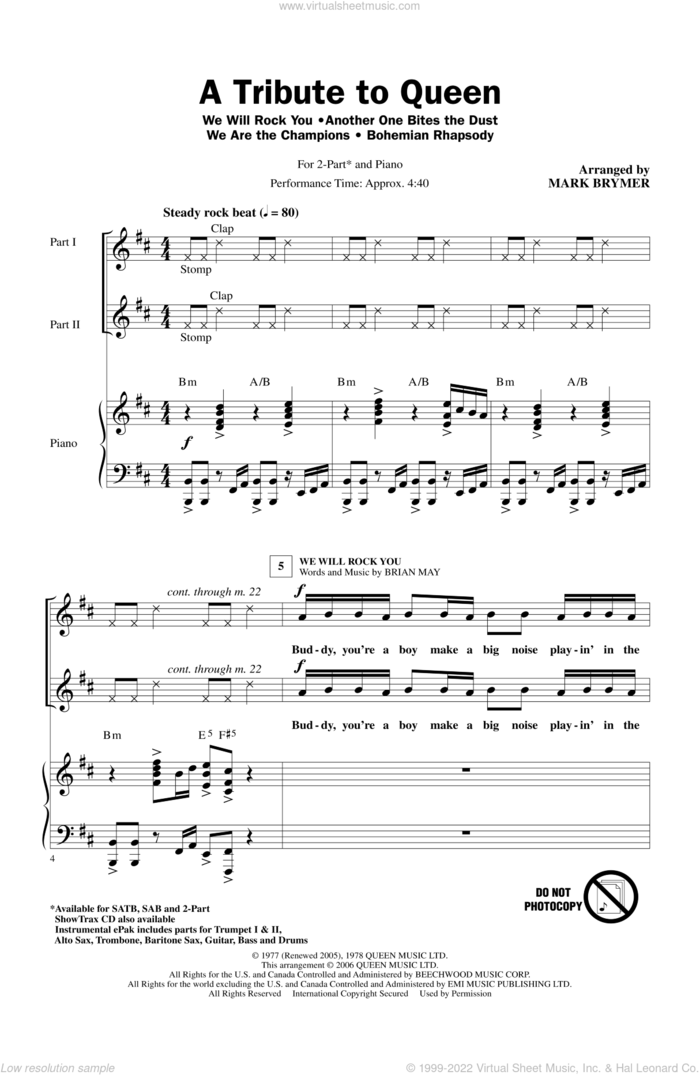 A Tribute To Queen (Medley) (arr. Mark Brymer) sheet music for choir (2-Part) by Queen, Mark Brymer and John Deacon, intermediate duet