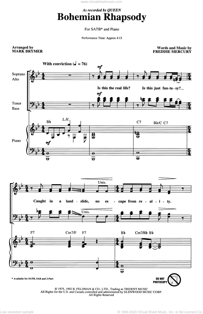 Bohemian Rhapsody (arr. Mark Brymer) sheet music for choir (SATB: soprano, alto, tenor, bass) by Queen, Mark Brymer and Freddie Mercury, intermediate skill level
