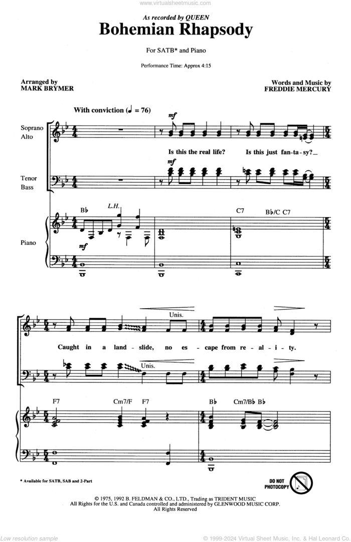 Bohemian Rhapsody (arr. Mark Brymer) sheet music for choir (SATB: soprano, alto, tenor, bass) by Queen, Mark Brymer and Freddie Mercury, intermediate skill level