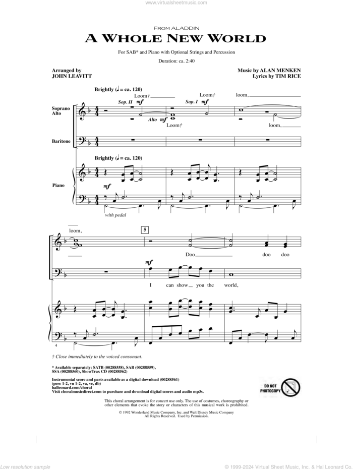 A Whole New World (from Aladdin) (arr. John Leavitt) sheet music for choir (SAB: soprano, alto, bass) by Alan Menken, John Leavitt, Alan Menken & Tim Rice and Tim Rice, wedding score, intermediate skill level