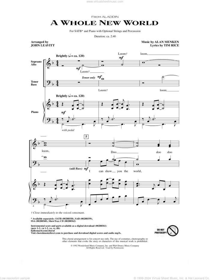 A Whole New World (from Aladdin) (arr. John Leavitt) sheet music for choir (SATB: soprano, alto, tenor, bass) by Alan Menken, John Leavitt, Alan Menken & Tim Rice and Tim Rice, wedding score, intermediate skill level