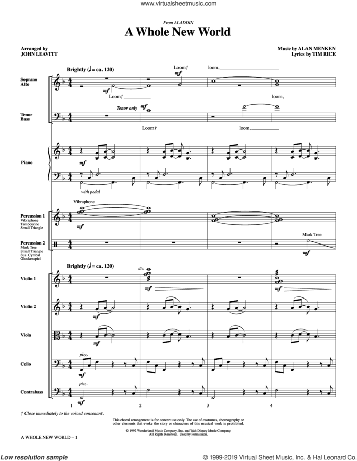 A Whole New World (from Aladdin) (arr. John Leavitt) (COMPLETE) sheet music for orchestra/band by Alan Menken, Alan Menken & Tim Rice, John Leavitt and Tim Rice, wedding score, intermediate skill level