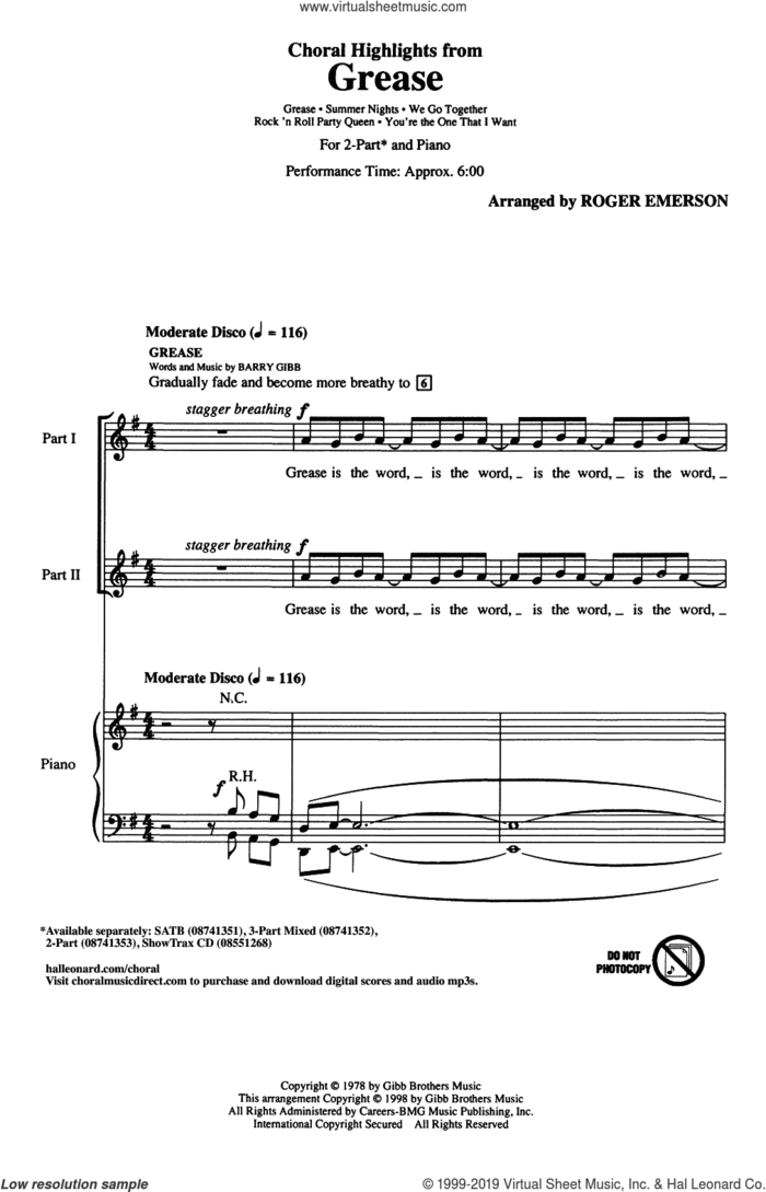 Choral Highlights from Grease sheet music for choir (2-Part) by Barry Gibb, Roger Emerson and Frankie Valli, intermediate duet