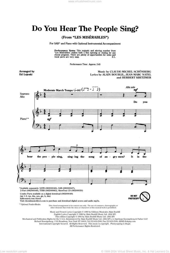 Do You Hear The People Sing? (from Les Miserables) (arr. Ed Lojeski) sheet music for choir (SAB: soprano, alto, bass) by Boublil & Schonberg, Ed Lojeski, Alain Boublil, Claude-Michel Schonberg, Herbert Kretzmer and Jean-Marc Natel, intermediate skill level