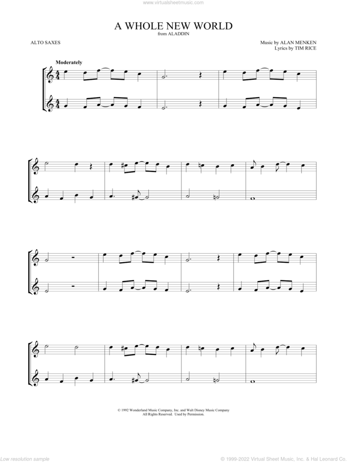 A Whole New World (from Aladdin) sheet music for two alto saxophones (duets) by Alan Menken, Mark Phillips and Tim Rice, wedding score, intermediate skill level