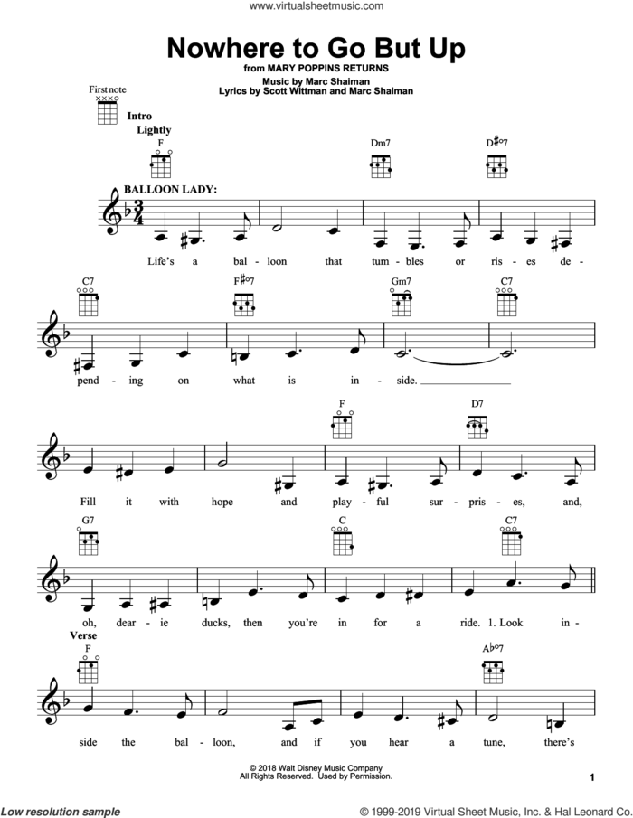 Nowhere To Go But Up (from Mary Poppins Returns) sheet music for ukulele by Angela Lansbury & Company, Marc Shaiman and Scott Wittman, intermediate skill level