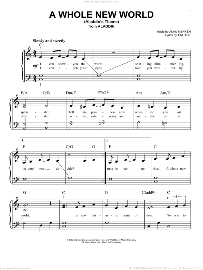 A Whole New World (from Aladdin) sheet music for piano solo by Alan Menken, Peabo Bryson and Regina Belle, Alan Menken & Tim Rice and Tim Rice, wedding score, beginner skill level