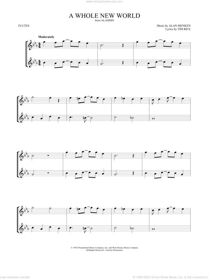 A Whole New World (from Aladdin) sheet music for two flutes (duets) by Alan Menken, Mark Phillips and Tim Rice, wedding score, intermediate skill level