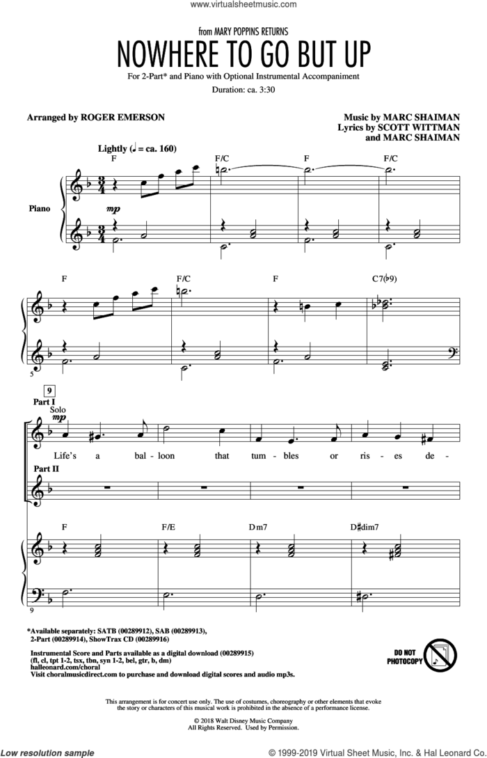 Nowhere To Go But Up (from Mary Poppins Returns) (arr. Roger Emerson) sheet music for choir (2-Part) by Marc Shaiman, Roger Emerson, Angela Lansbury & Company, Marc Shaiman & Scott Wittman and Scott Wittman, intermediate duet