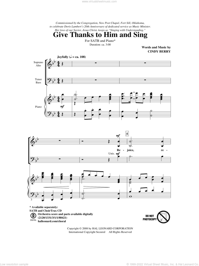 Give Thanks To Him And Sing sheet music for choir (SATB: soprano, alto, tenor, bass) by Cindy Berry, intermediate skill level