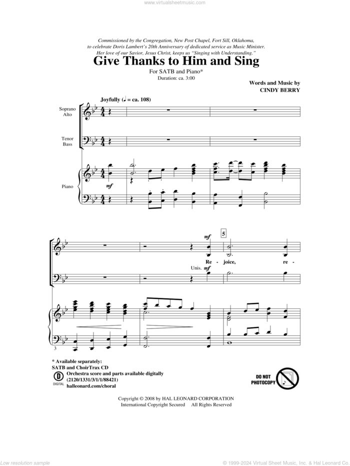 Give Thanks To Him And Sing sheet music for choir (SATB: soprano, alto, tenor, bass) by Cindy Berry, intermediate skill level