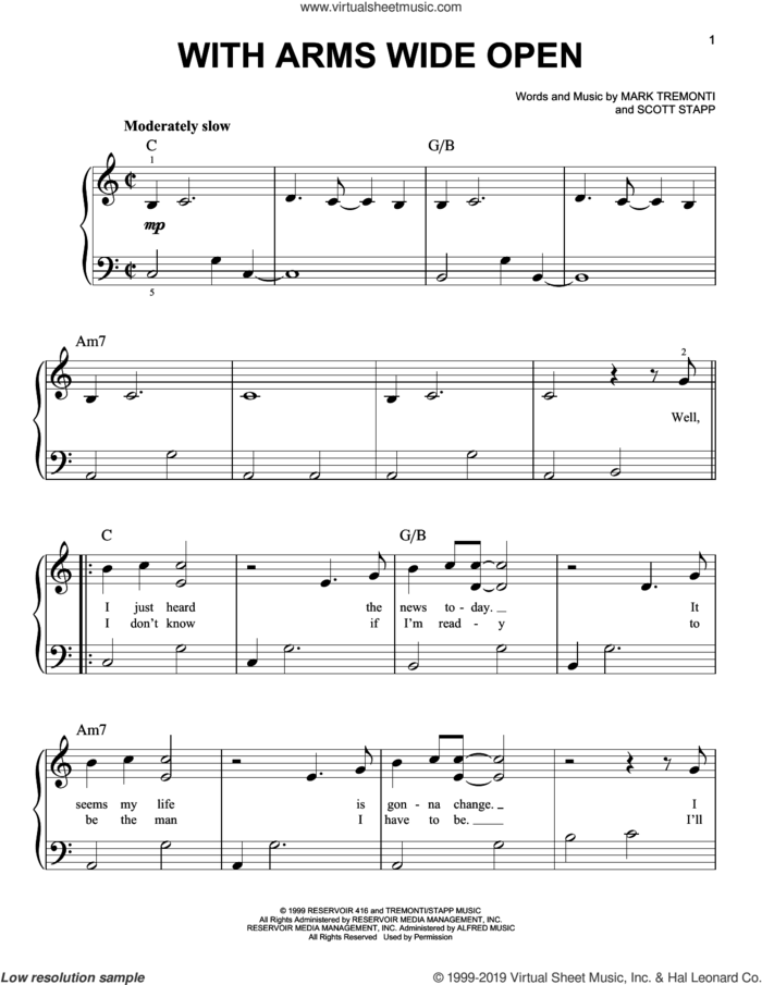 With Arms Wide Open sheet music for piano solo by Creed, Mark Tremonti, Scott A. Stapp and Scott Stapp, easy skill level