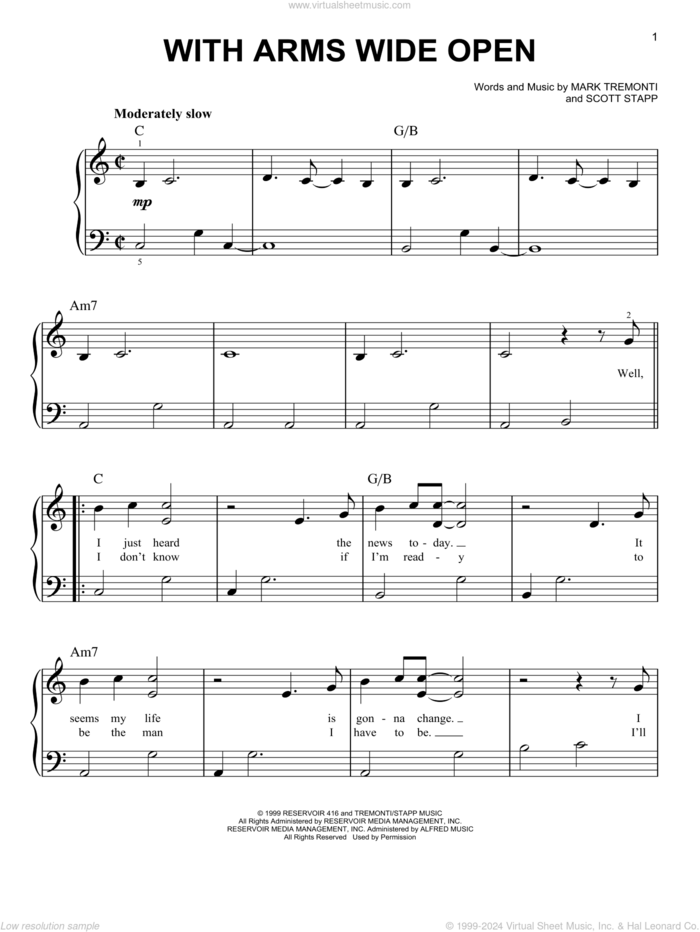 With Arms Wide Open sheet music for piano solo by Creed, Mark Tremonti, Scott A. Stapp and Scott Stapp, easy skill level