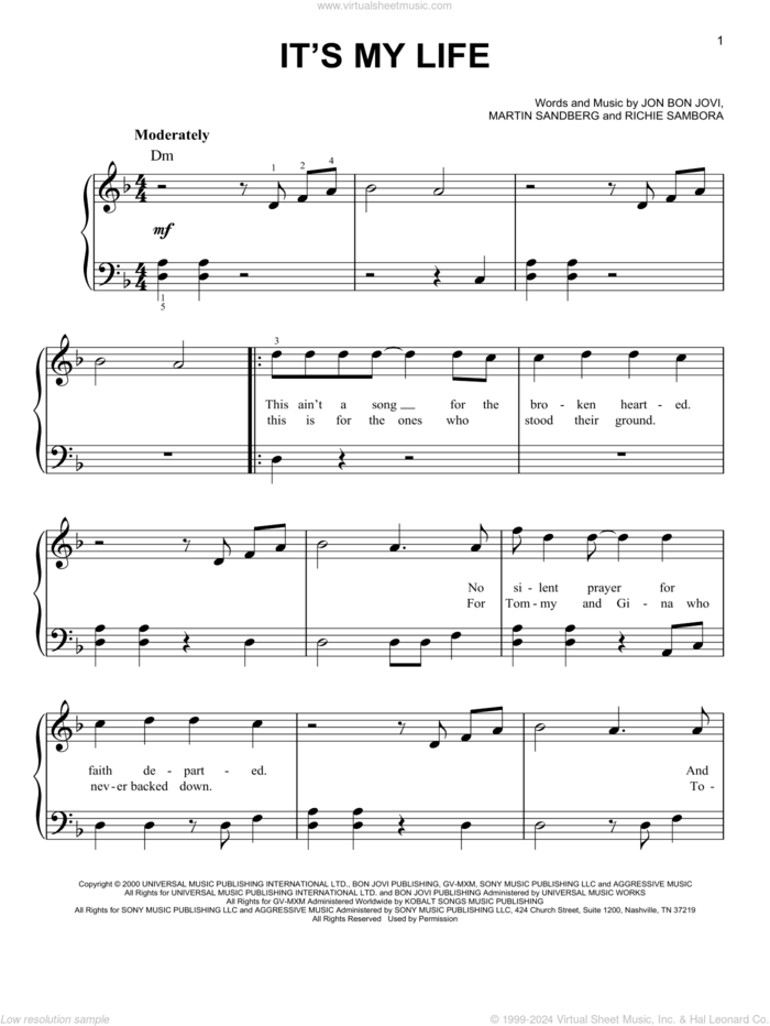 It's My Life sheet music for piano solo by Bon Jovi, Martin Sandberg and Richie Sambora, easy skill level