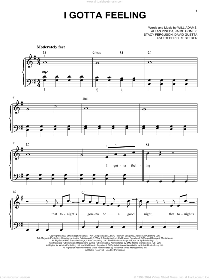 I Gotta Feeling sheet music for piano solo by David Guetta, Black Eyed Peas, Allan Pineda, Frederic Riesterer, Jaime Gomez and Stacy Ferguson, easy skill level