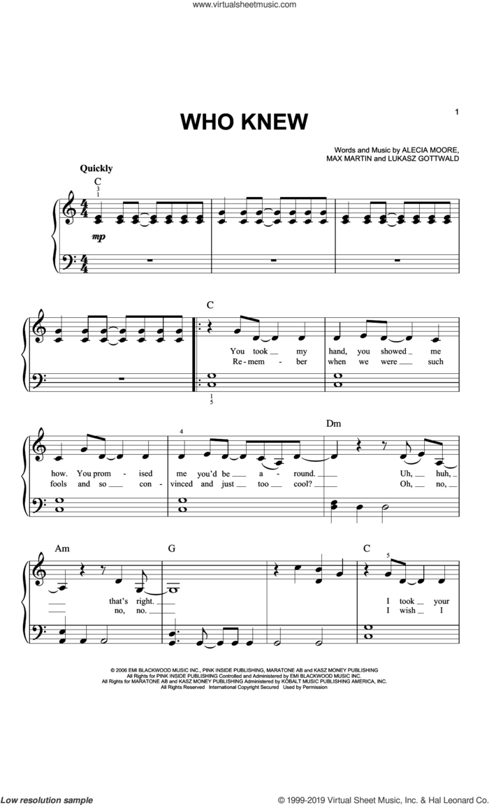 Who Knew sheet music for piano solo by Max Martin, Miscellaneous, Alecia Moore and Lukasz Gottwald, easy skill level
