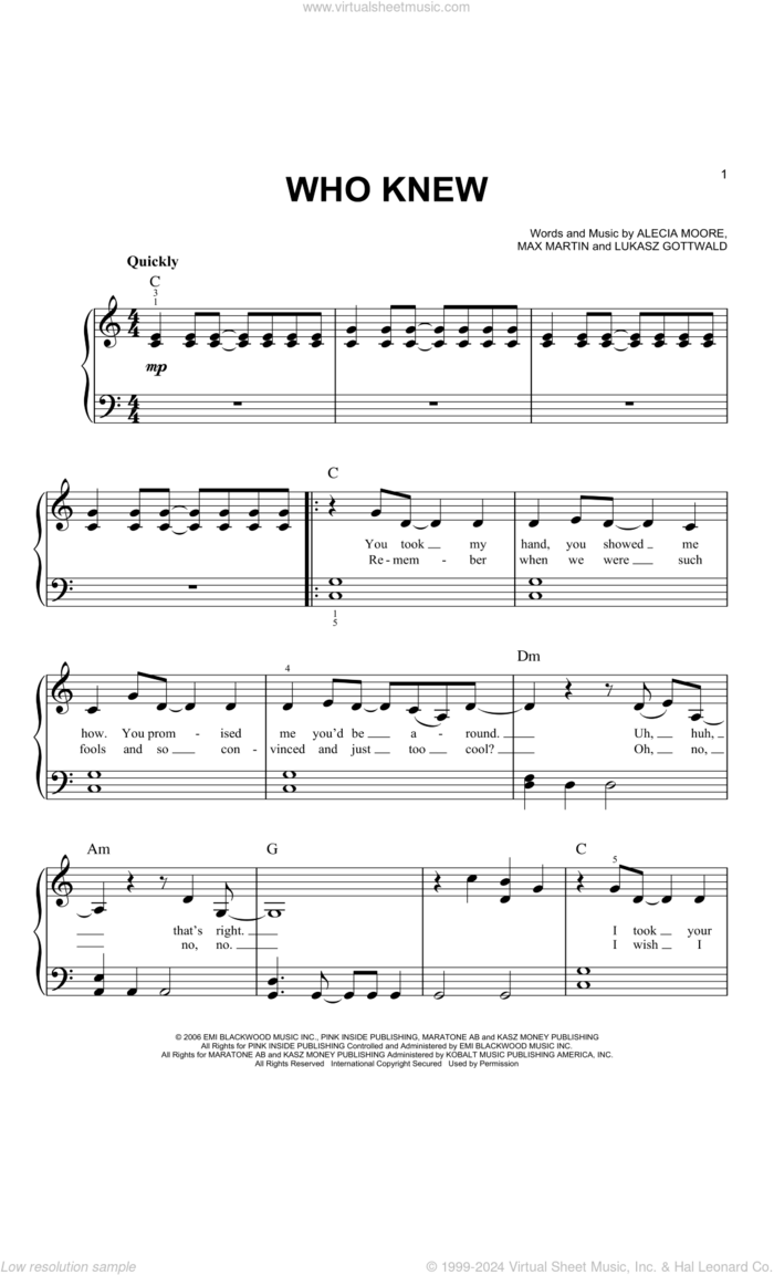 Who Knew sheet music for piano solo by Max Martin, Miscellaneous, P!nk, Alecia Moore and Lukasz Gottwald, easy skill level