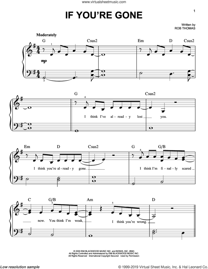 If You're Gone sheet music for piano solo by Matchbox Twenty and Rob Thomas, easy skill level