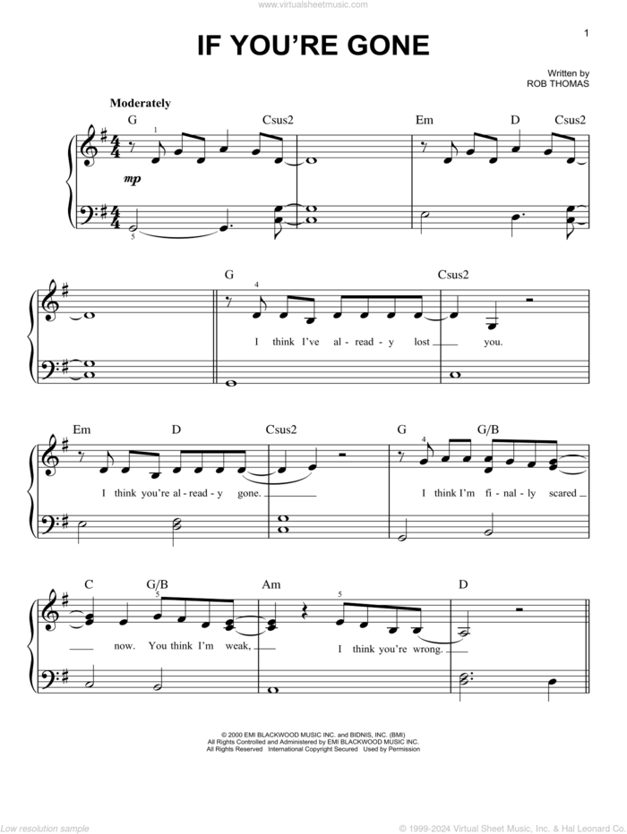 If You're Gone sheet music for piano solo by Matchbox Twenty and Rob Thomas, easy skill level