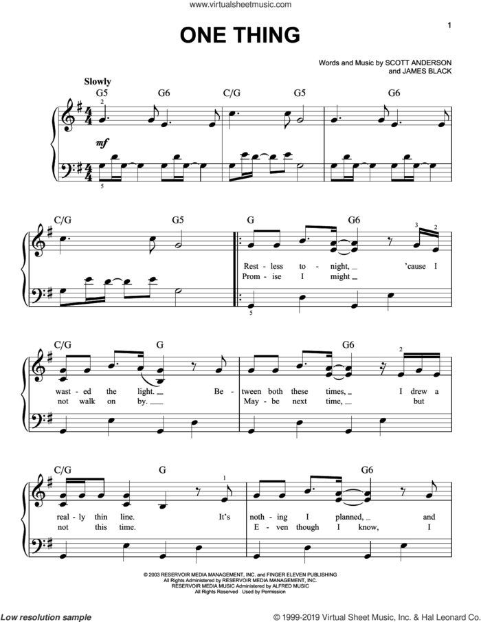 One Thing sheet music for piano solo by Finger Eleven, James M. Black and Scott Anderson, easy skill level