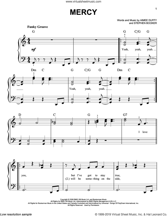 Mercy sheet music for piano solo by Duffy, Aimee Duffy and Steve Booker, easy skill level