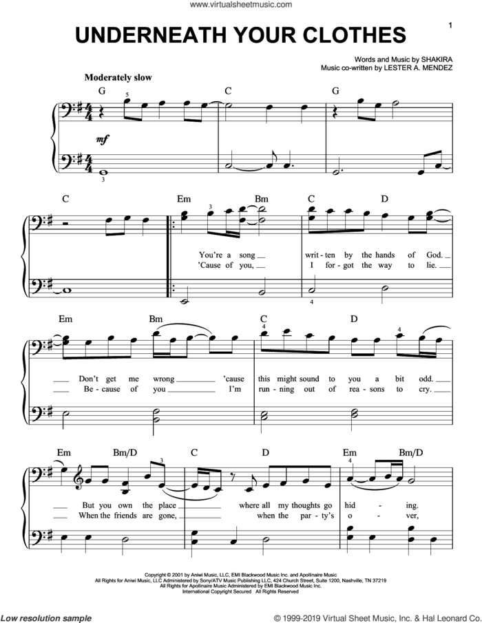 Underneath Your Clothes sheet music for piano solo by Shakira and Lester Mendez, easy skill level