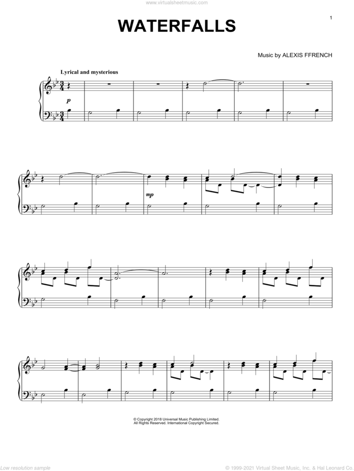 Waterfalls sheet music for piano solo by Alexis Ffrench, classical score, intermediate skill level