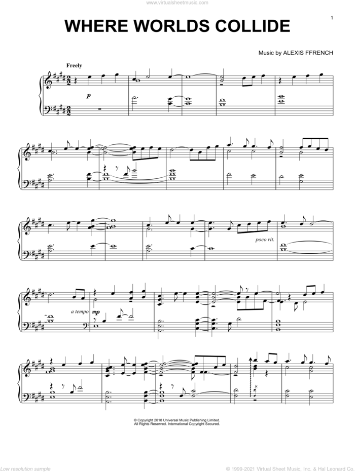 Where Worlds Collide sheet music for piano solo by Alexis Ffrench, classical score, intermediate skill level