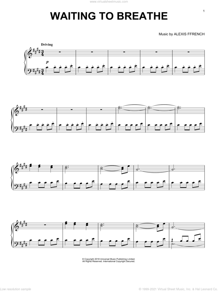 Waiting To Breathe sheet music for piano solo by Alexis Ffrench, classical score, intermediate skill level