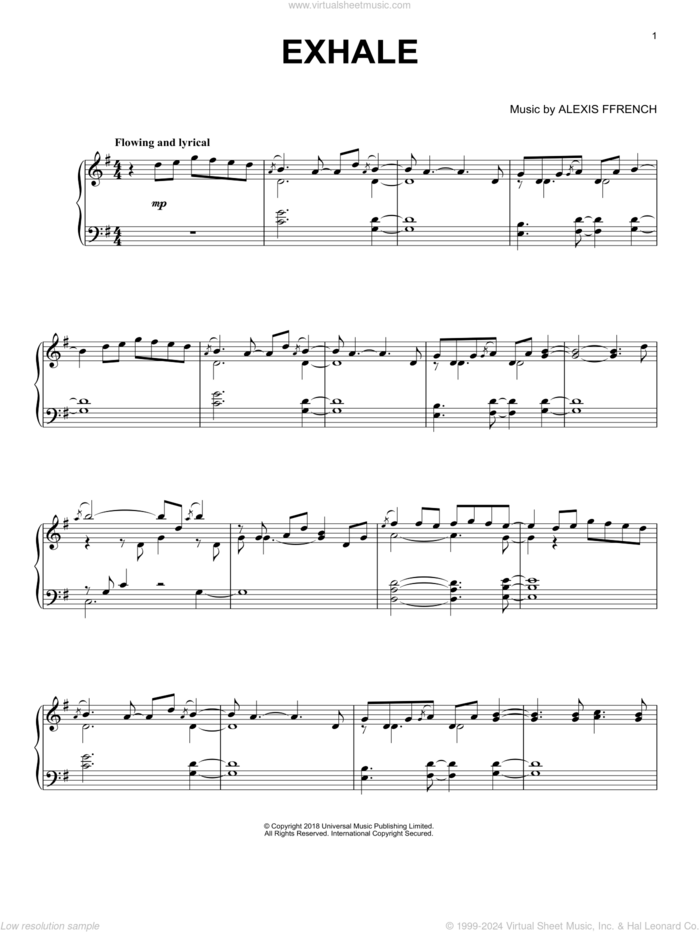 Exhale sheet music for piano solo by Alexis Ffrench, classical score, intermediate skill level