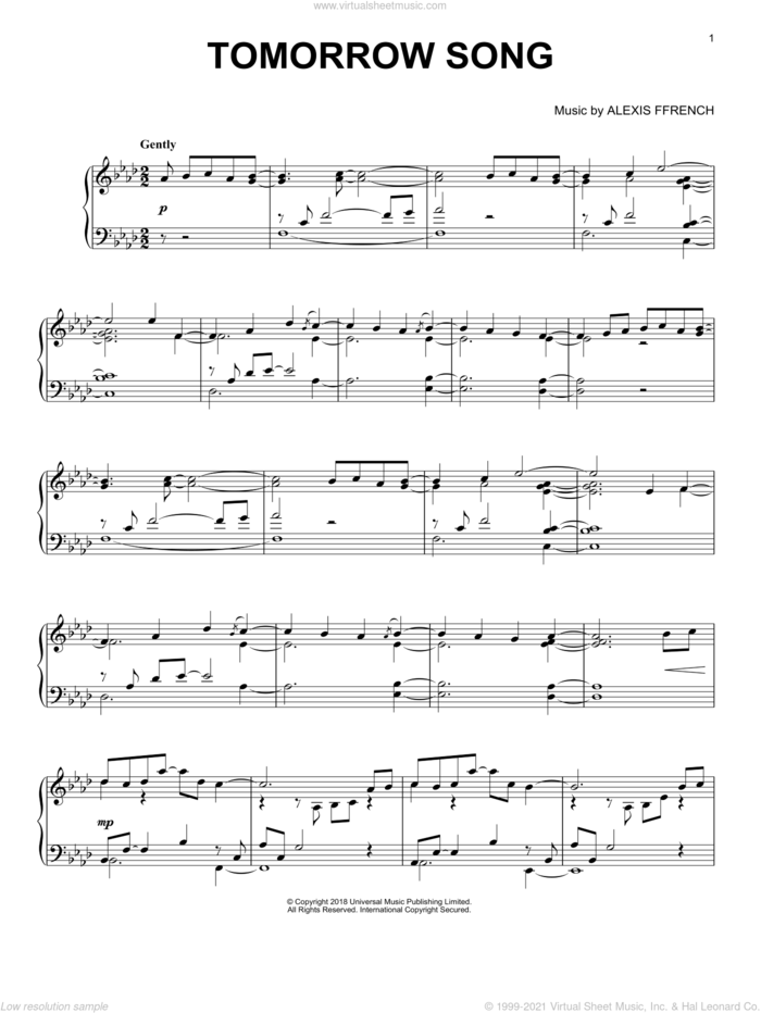 Tomorrow Song sheet music for piano solo by Alexis Ffrench, classical score, intermediate skill level
