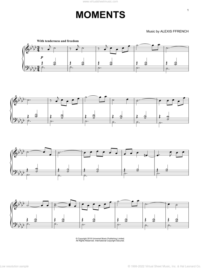 Moments sheet music for piano solo by Alexis Ffrench, classical score, intermediate skill level