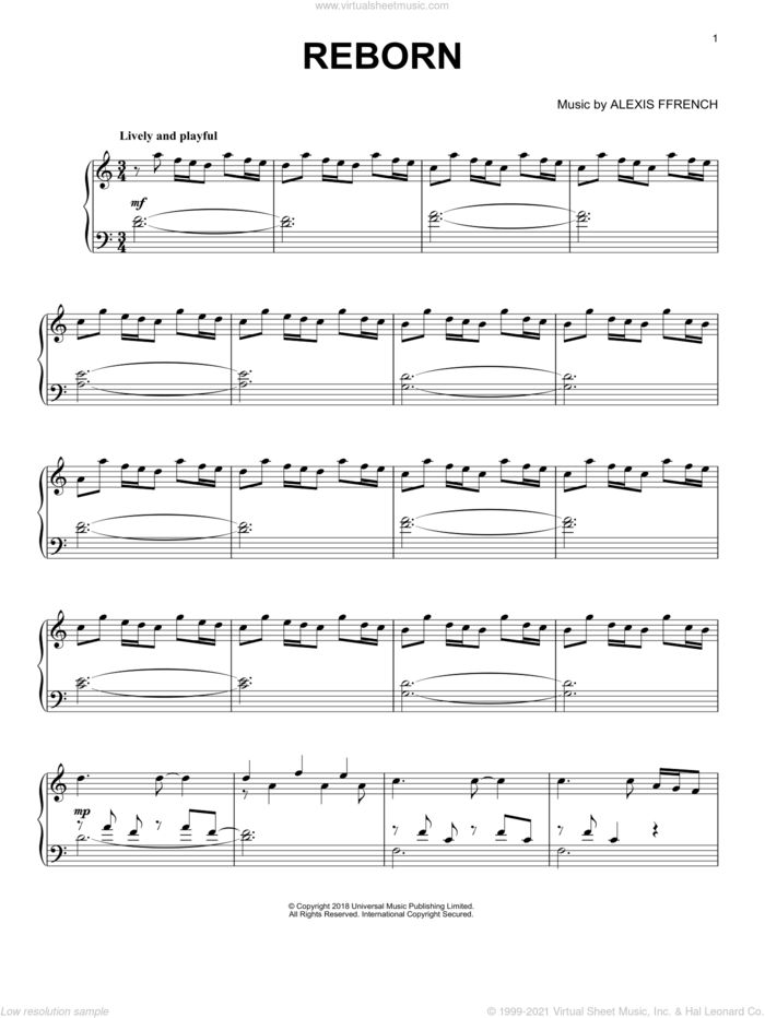 Reborn sheet music for piano solo by Alexis Ffrench, classical score, intermediate skill level