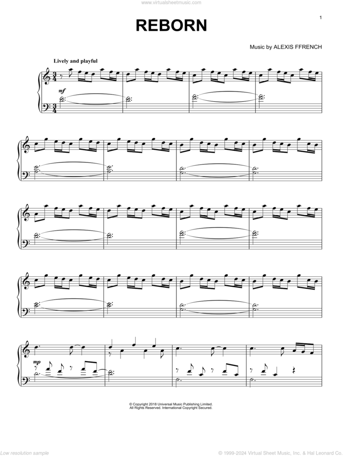 Reborn sheet music for piano solo by Alexis Ffrench, classical score, intermediate skill level