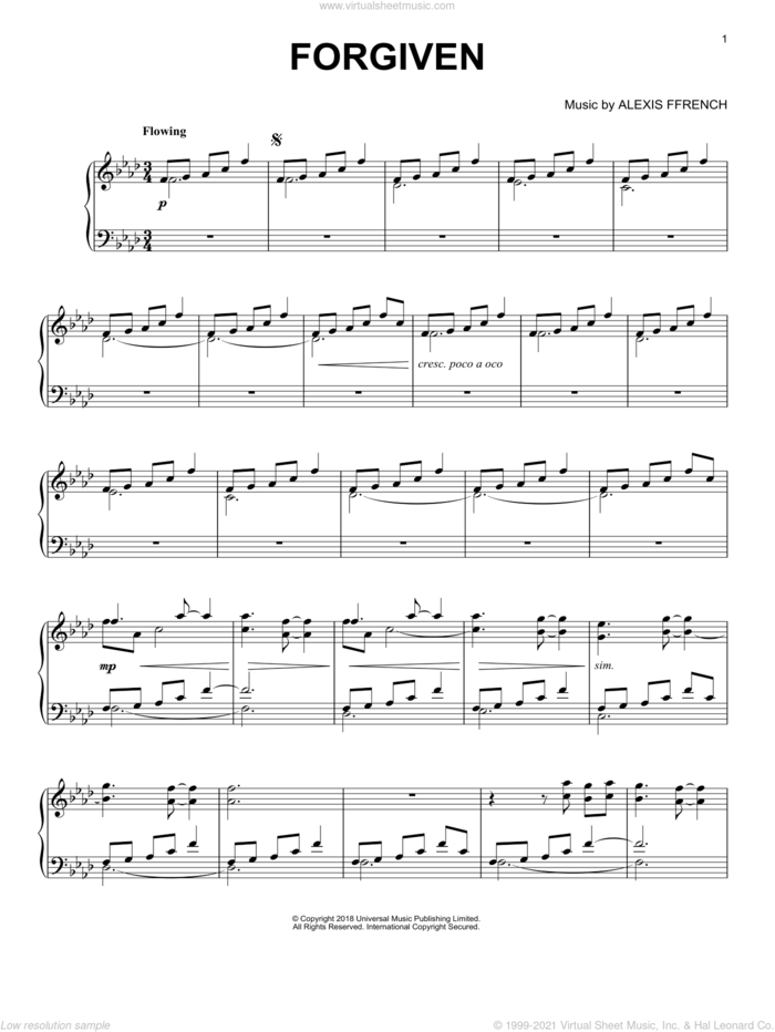 Forgiven sheet music for piano solo by Alexis Ffrench, classical score, intermediate skill level
