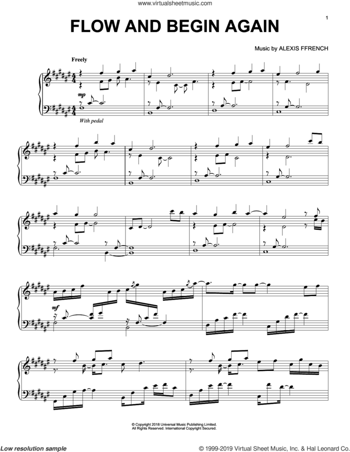 Flow And Begin Again sheet music for piano solo by Alexis Ffrench, classical score, intermediate skill level