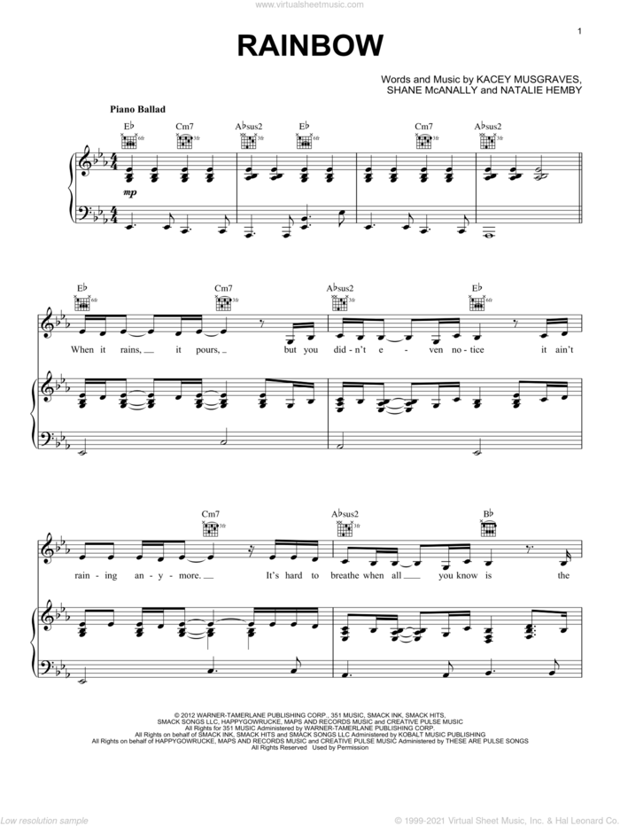 Rainbow sheet music for voice, piano or guitar by Kacey Musgraves, Natalie Hemby and Shane McAnally, intermediate skill level