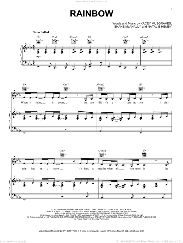 Rainbow sheet music for voice, piano or guitar by Kacey Musgraves, Natalie Hemby and Shane McAnally, intermediate skill level