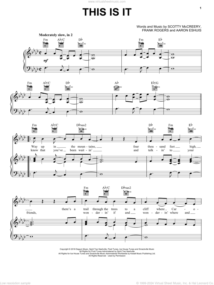 This Is It sheet music for voice, piano or guitar by Scotty McCreery, Aaron Eshuis and Frank Rogers, intermediate skill level